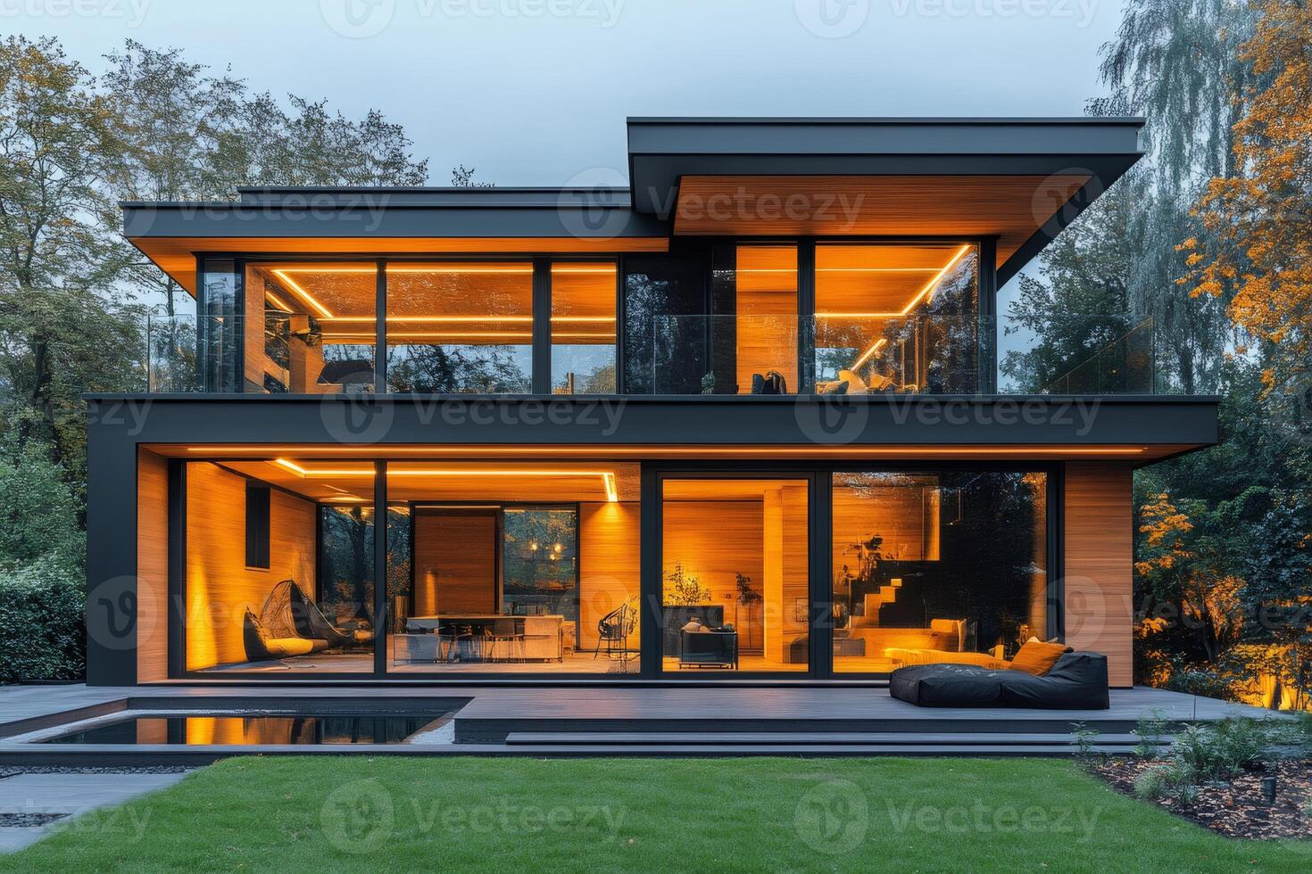 Modern sustainable luxury home illuminating the dusk with warm light photo