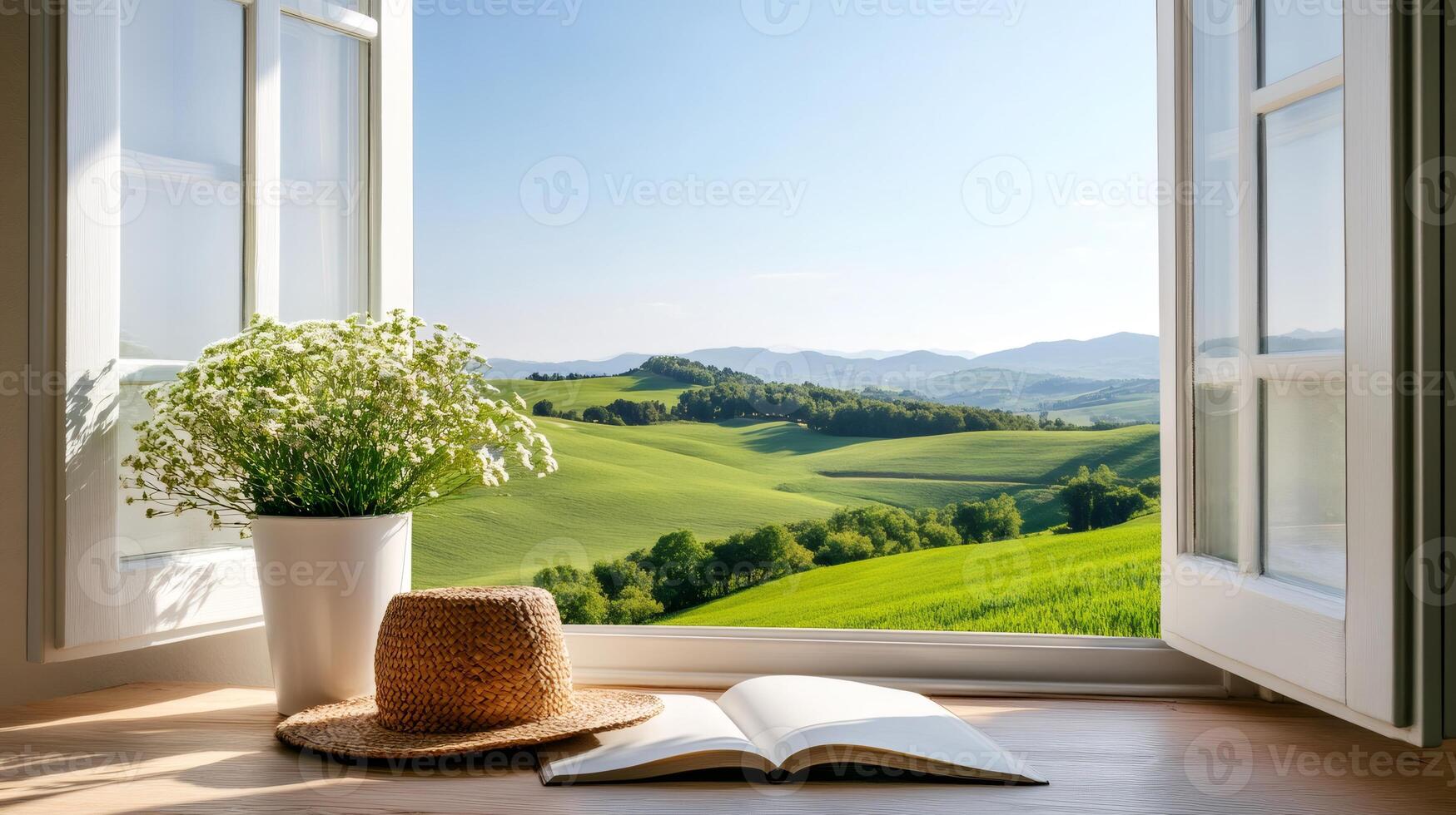 Relaxing moment in tuscany enjoying the view with a book and a straw hat photo
