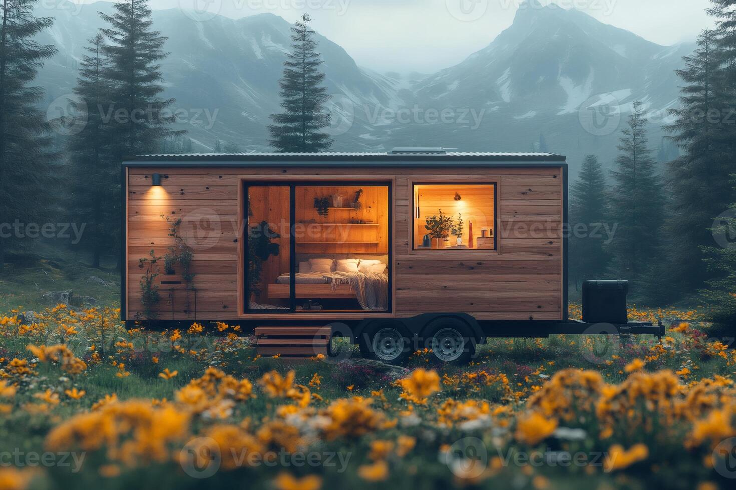 Cozy tiny house illuminating a flower field in the mountains photo