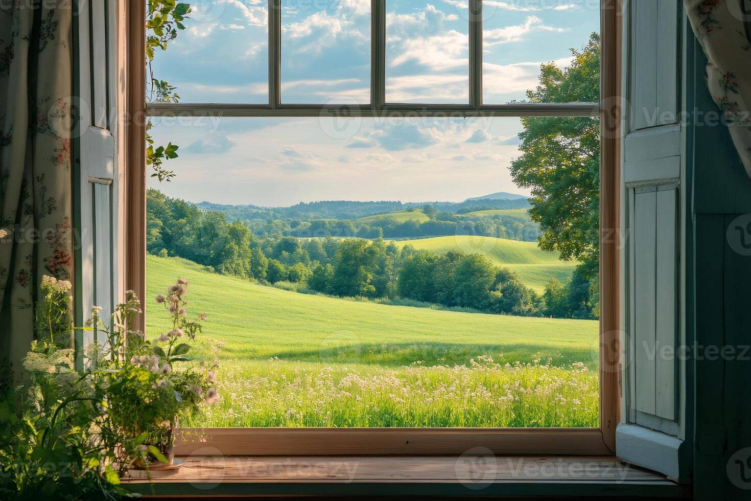 Open window overlooking rolling green hills and lush fields photo