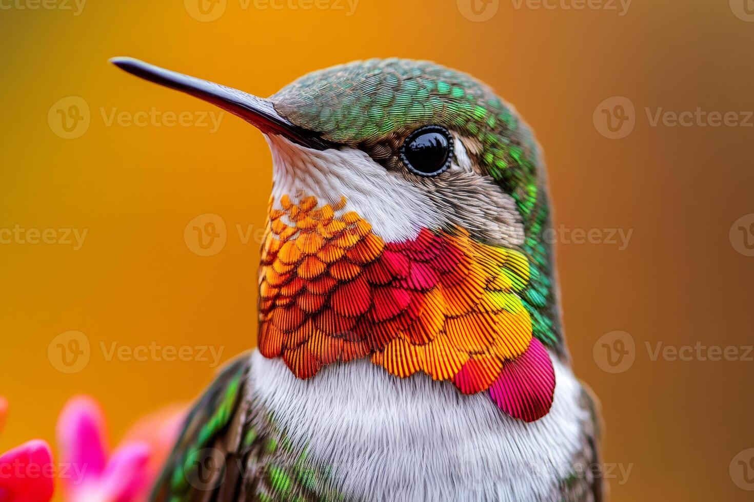 Colorful hummingbird showing its beautiful iridescent gorget feathers photo