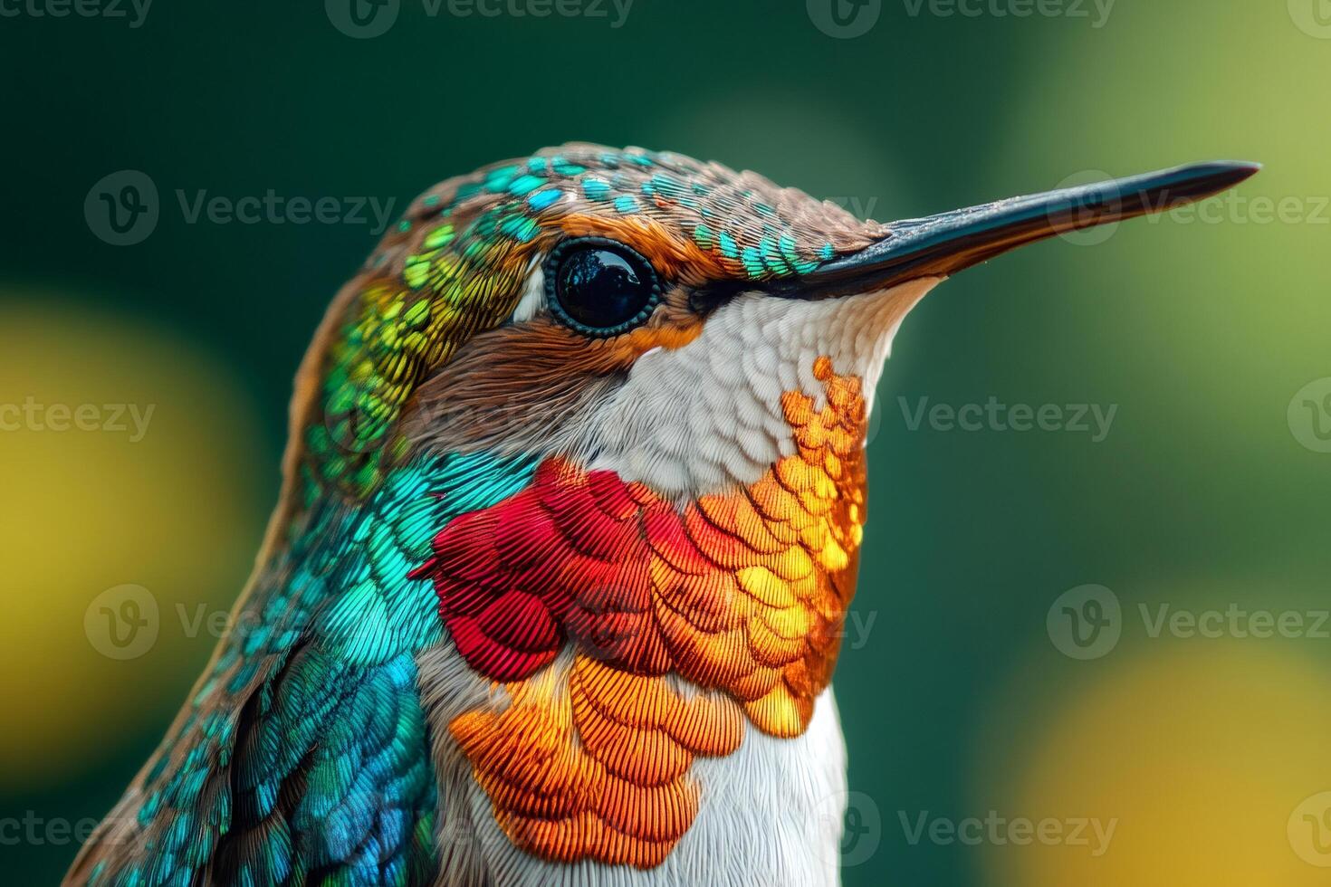 Colorful hummingbird showing iridescent feathers in nature close up photo