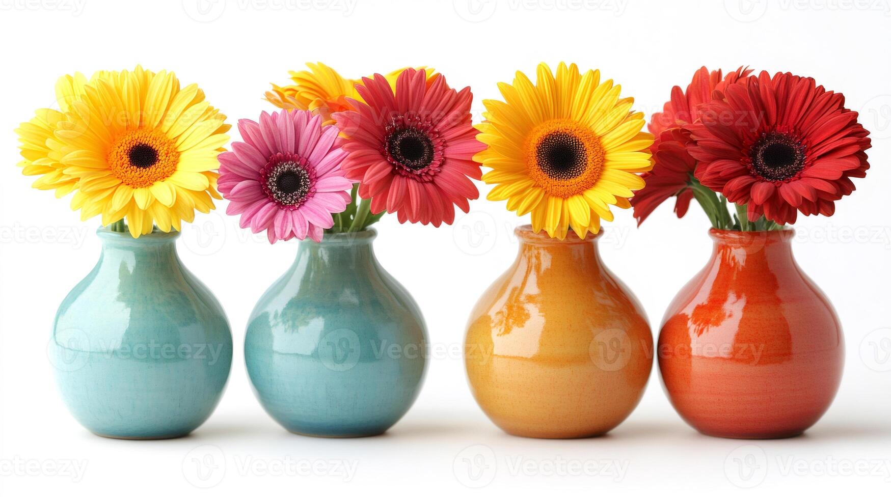 Colorful gerbera daisies in bright ceramic vases on white background photo