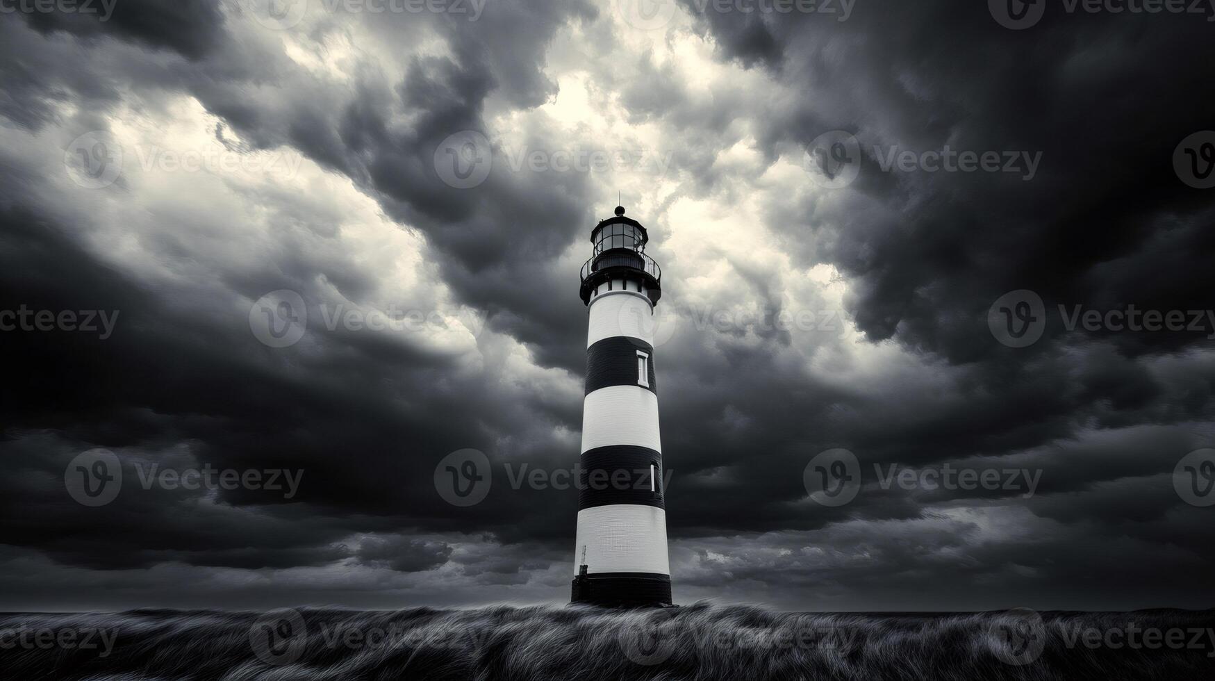 Lighthouse standing tall against dramatic storm clouds photo