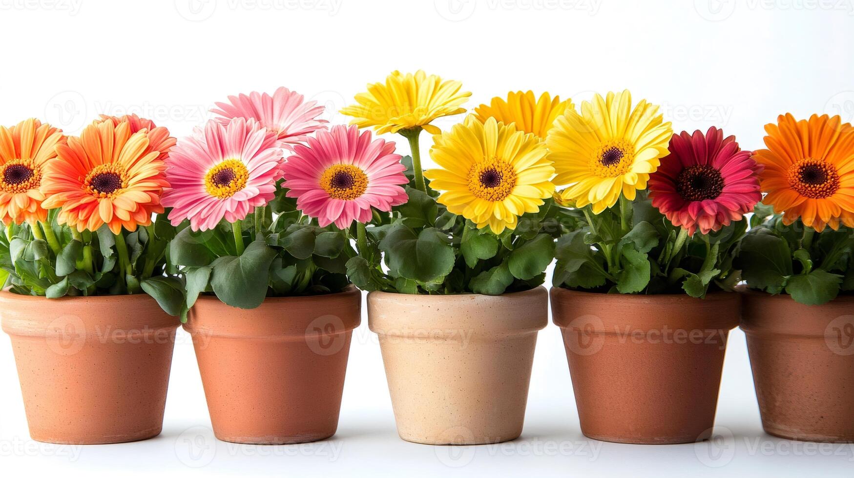 Colorful gerbera daisies growing in terracotta pots... photo