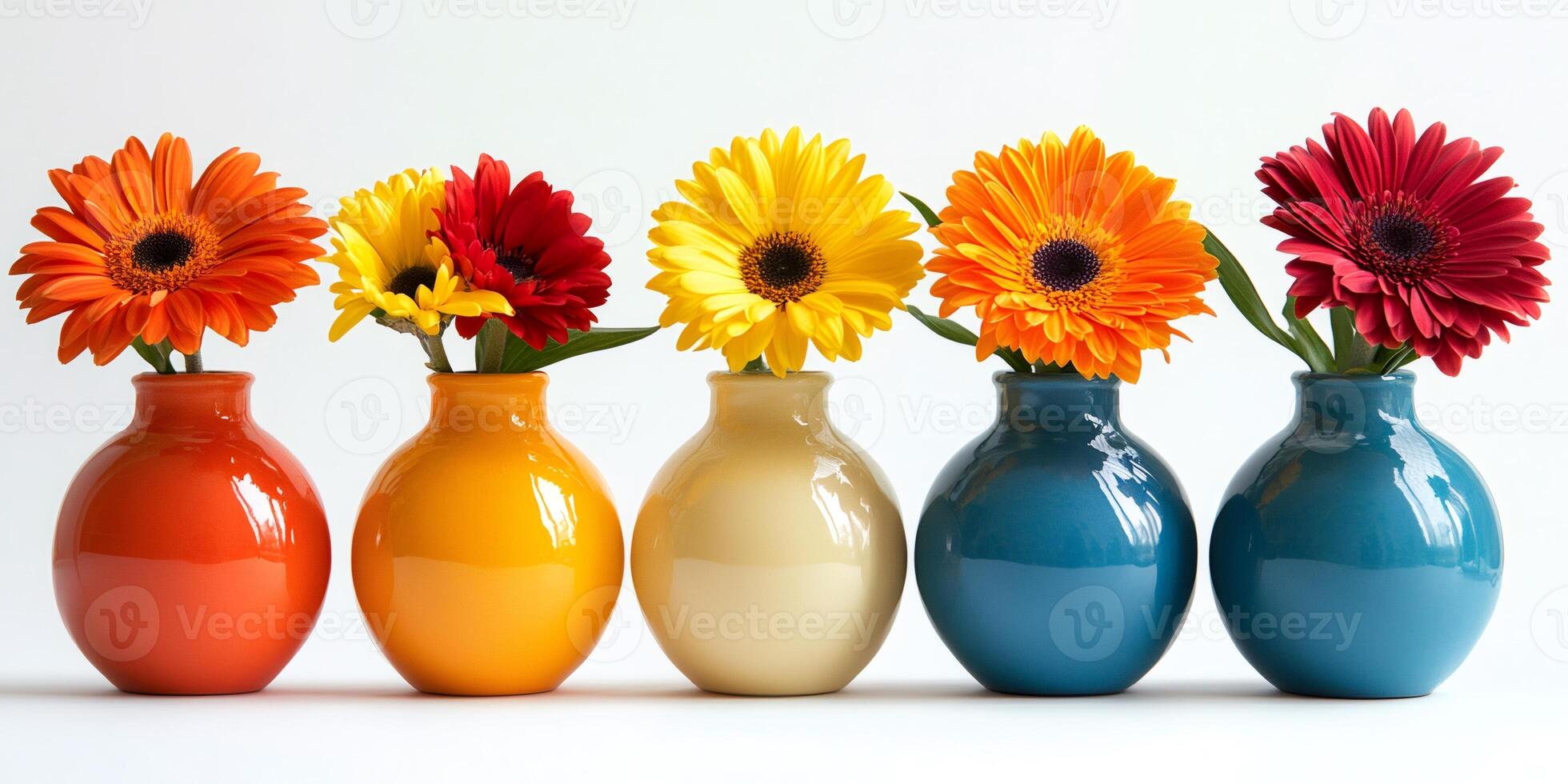 Five colorful gerberas in round vases creating a cheerful atmosphere photo