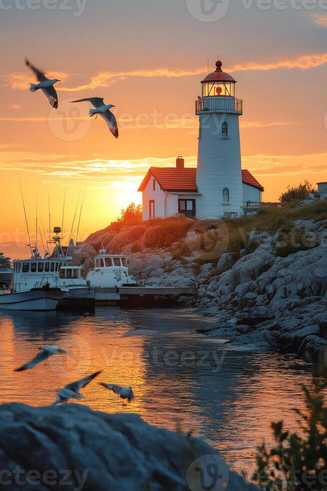 Seagulls flying over lighthouse at vibrant sunset with boats docked photo