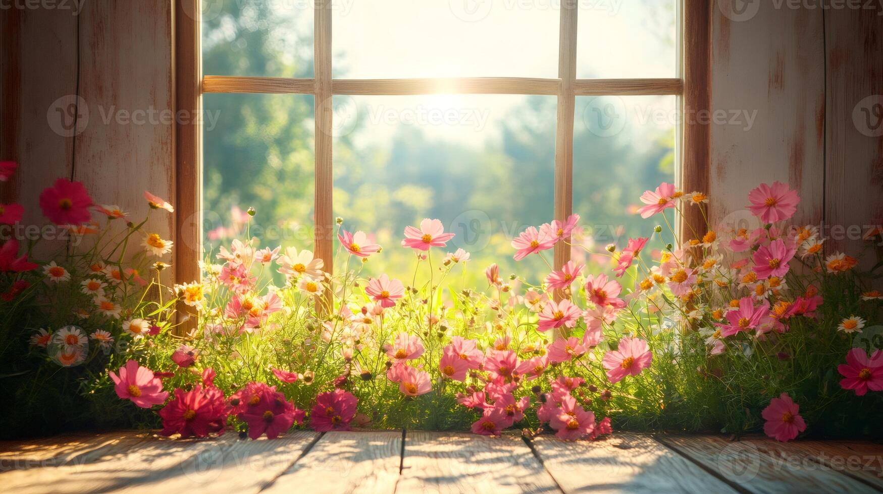 Sunlight illuminating pink cosmos flowers by a window in rustic home photo