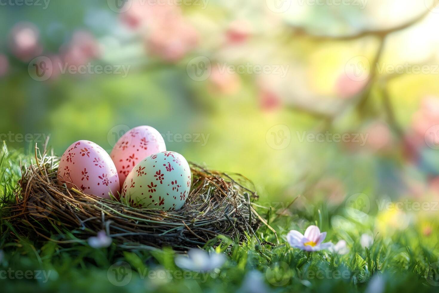 Easter eggs nest resting on vibrant green grass during springtime photo