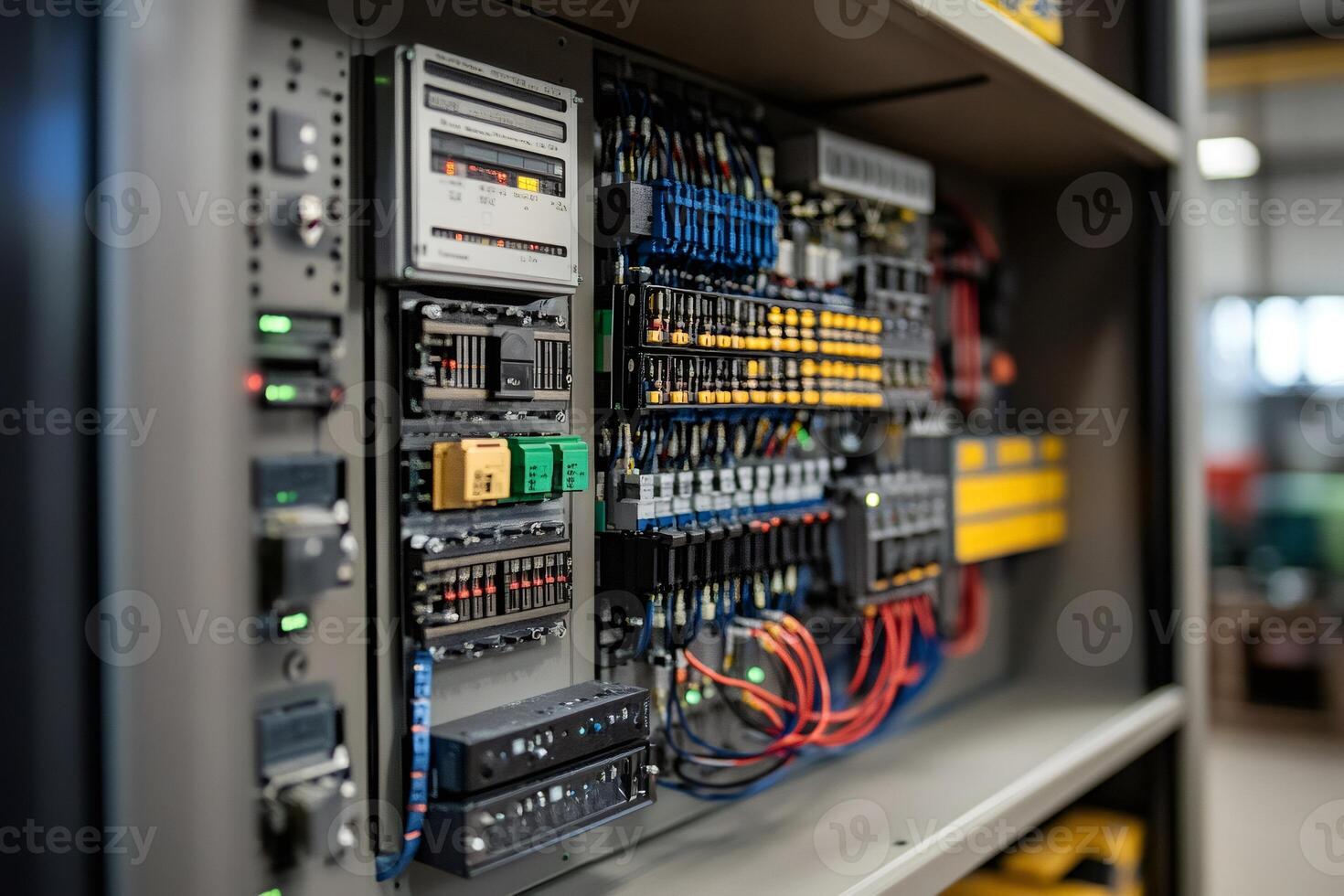 Electrical cabinet showing complex wiring and components in industrial setting .. photo