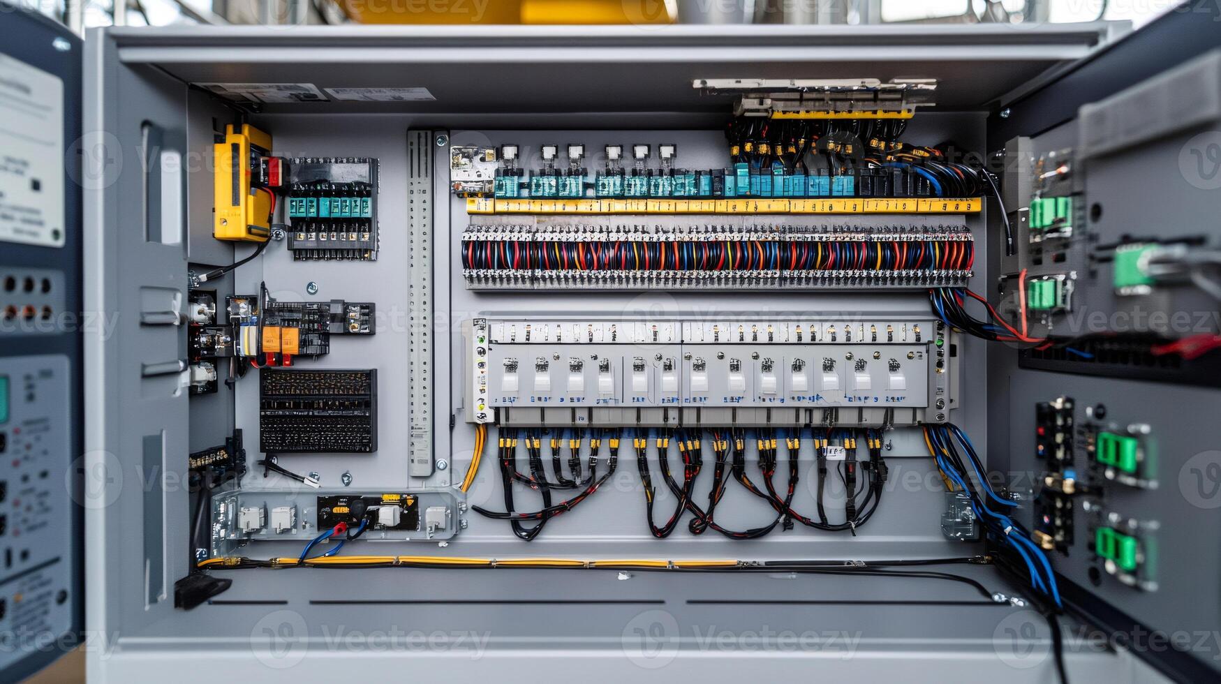Open electrical cabinet showing complex wiring and components photo