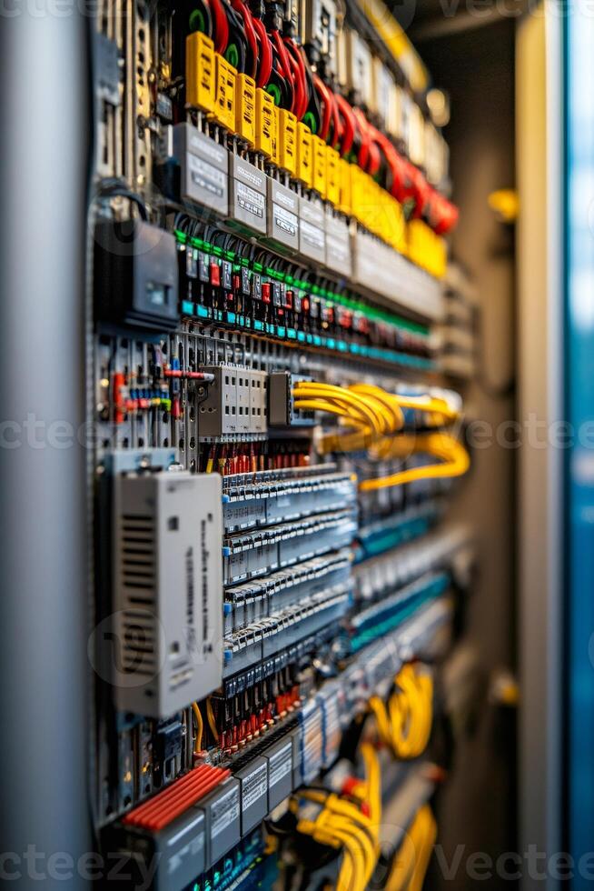 Electrical cabinet showing complex wiring and components in server room... photo
