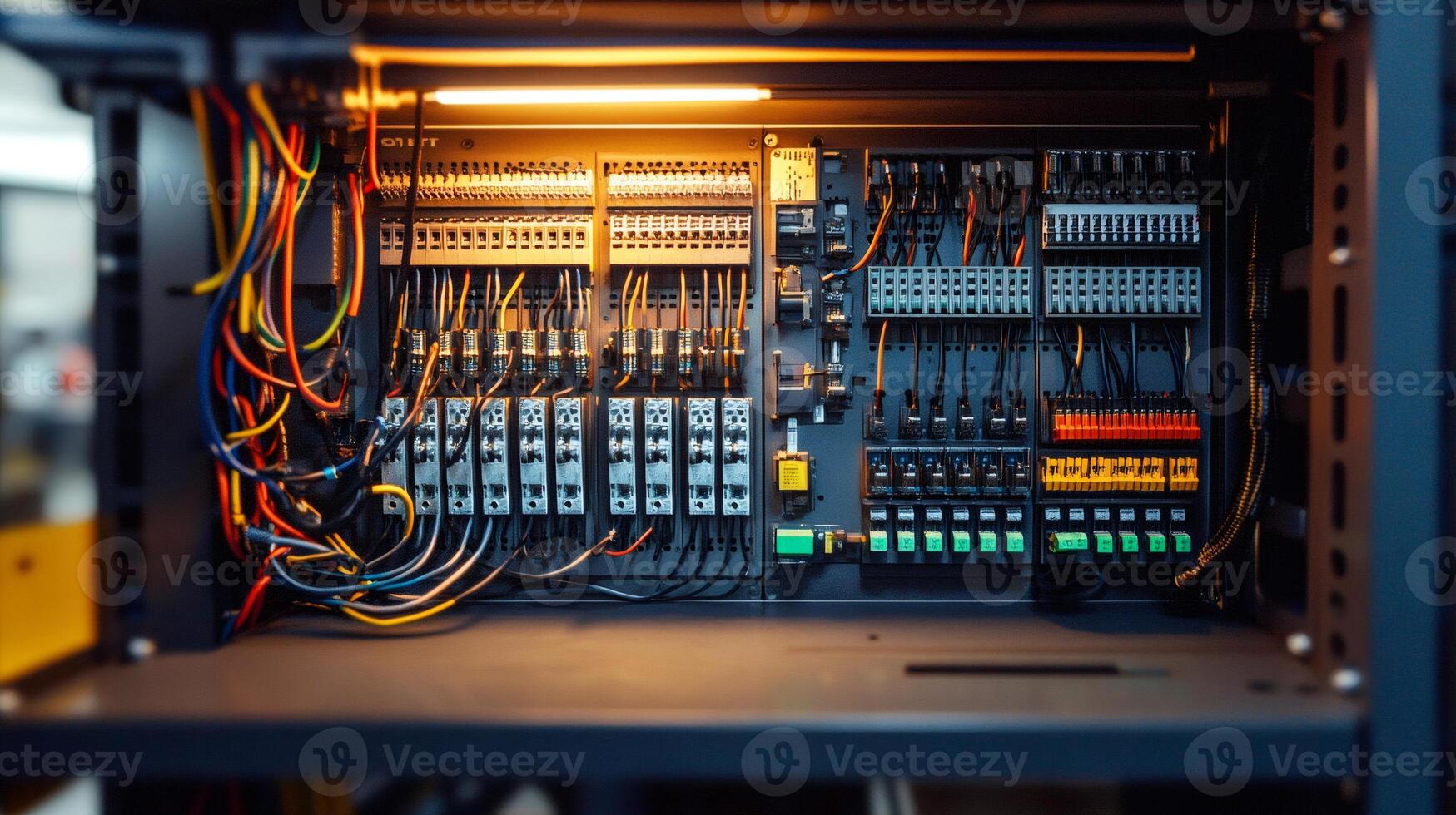 Electrical cabinet showing complex wiring and components illuminated by warm light photo