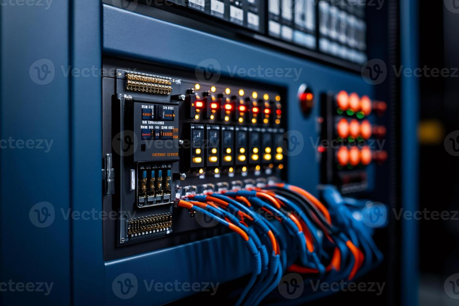 Network server panel showing blinking lights and connected cables in a data center photo