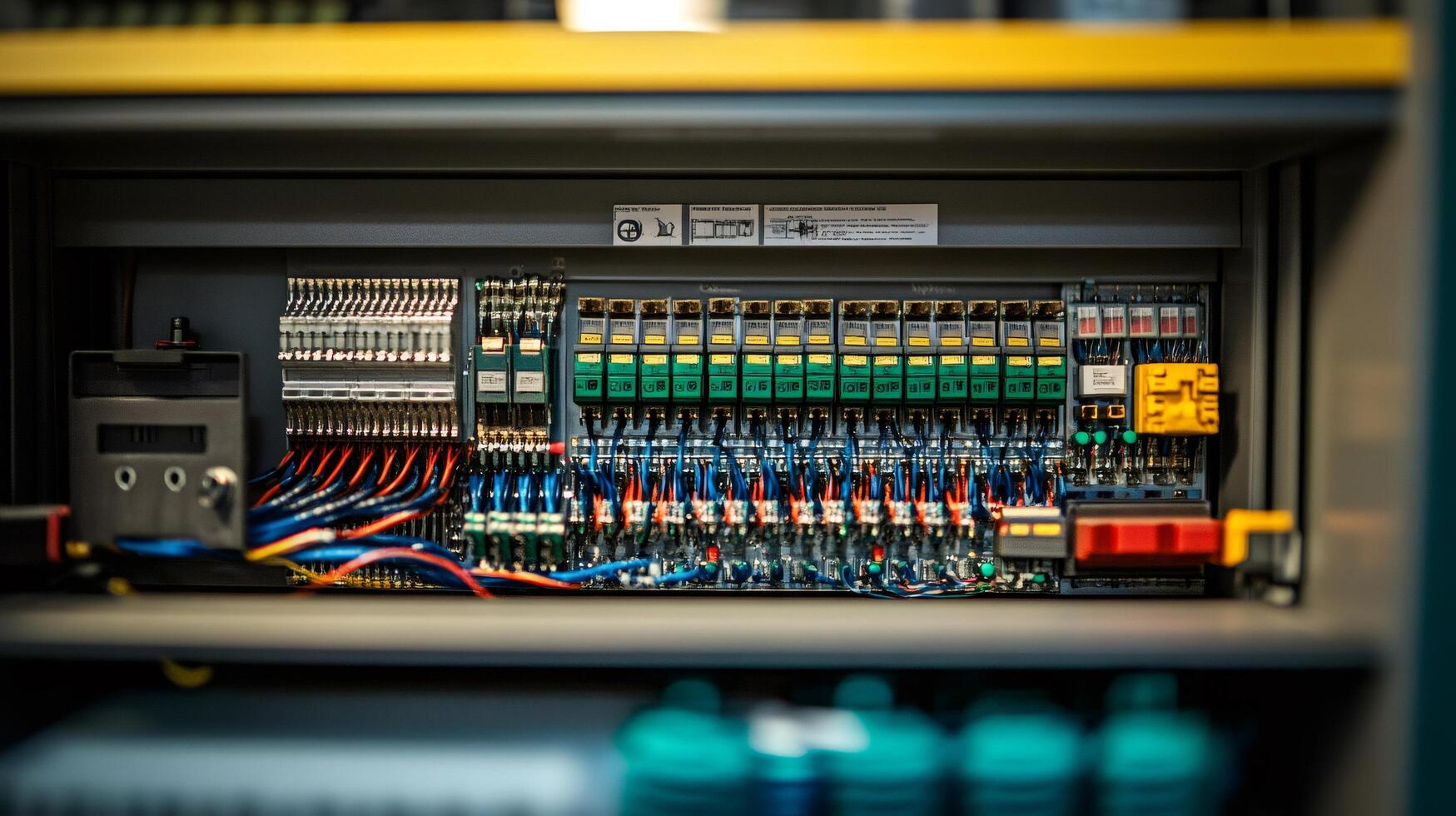 Electrical cabinet showing complex wiring and components in industrial setting ... photo