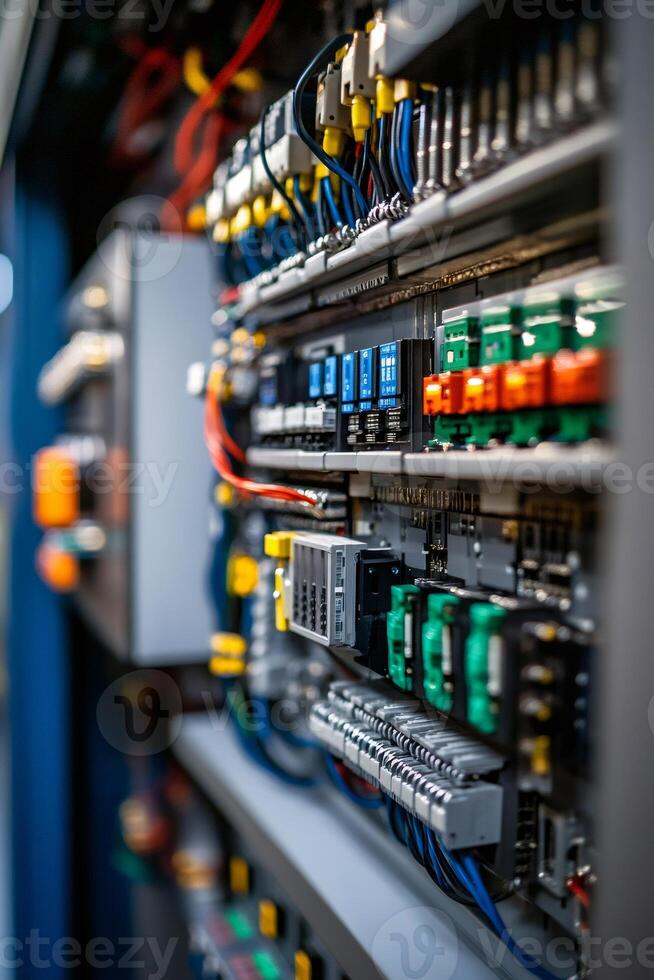 Electrical cabinet showing colorful wires and components in shallow depth of field photo