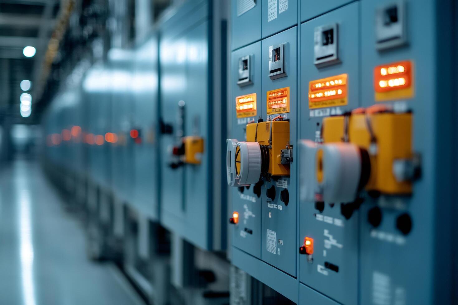 Electrical control panels showing various settings and indicators in industrial facility ... photo