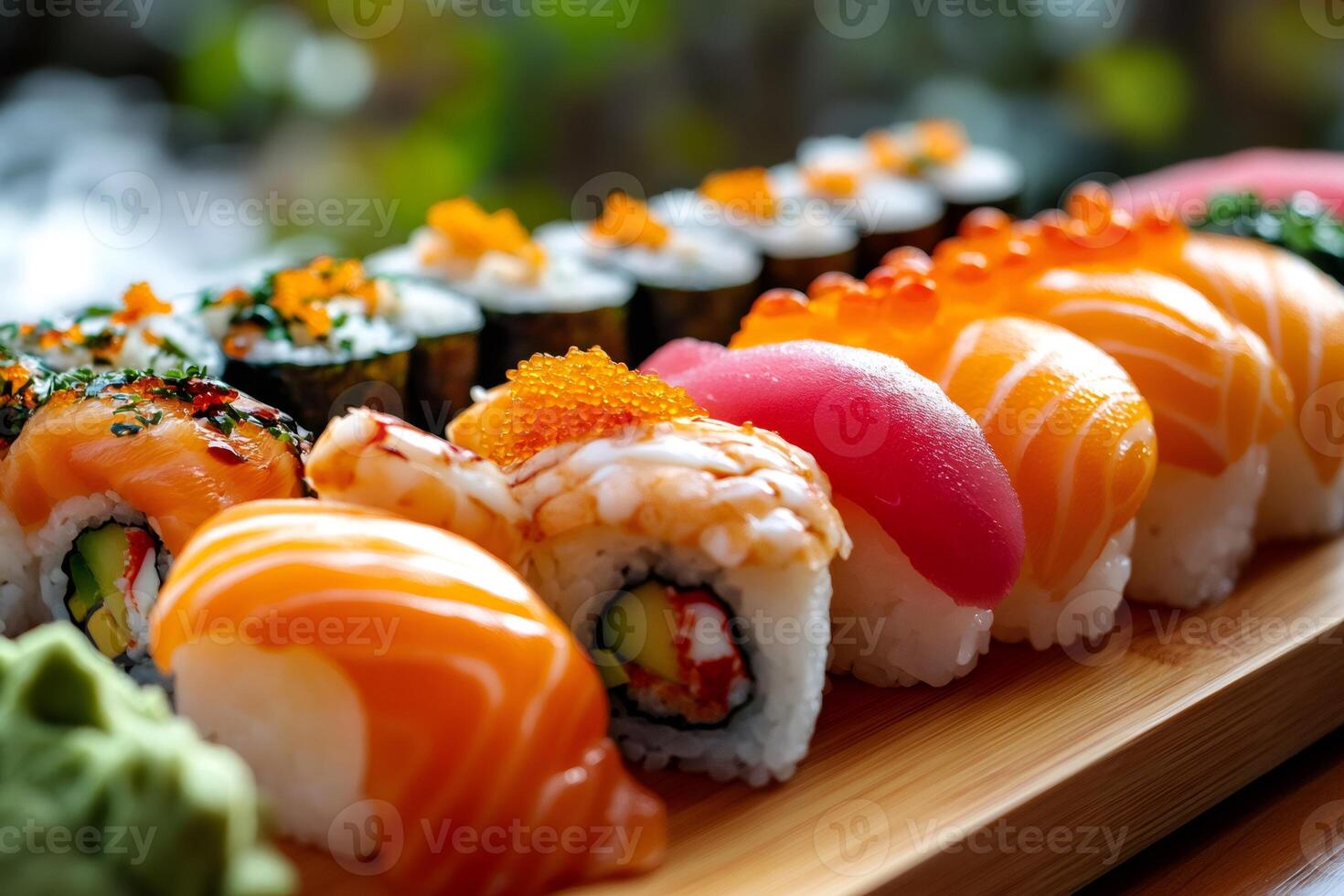 Delicious sushi assortment displayed on wooden serving tray photo