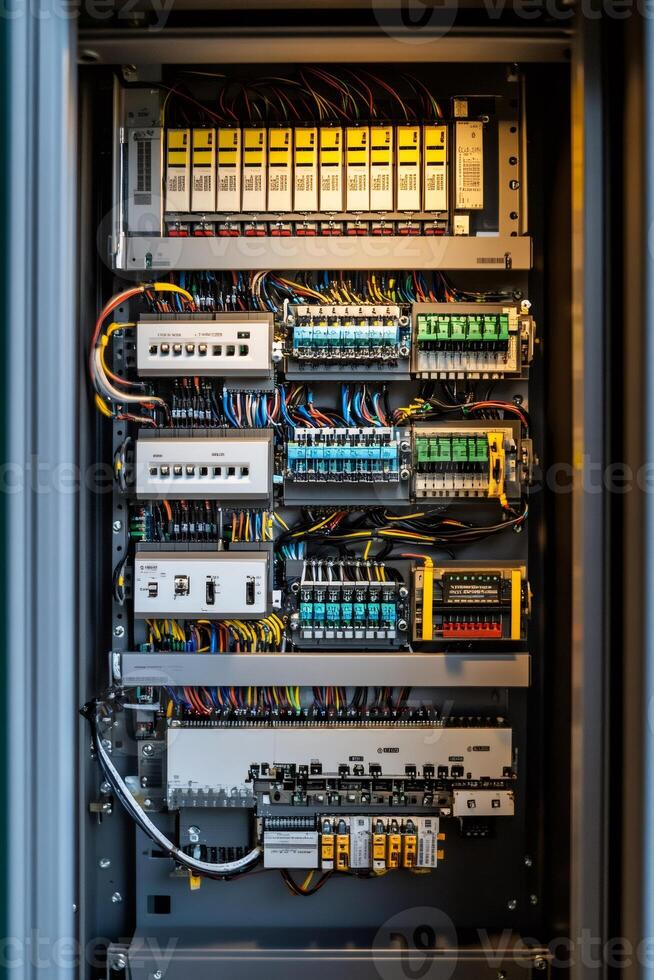 Open electrical cabinet displaying complex wiring and components photo