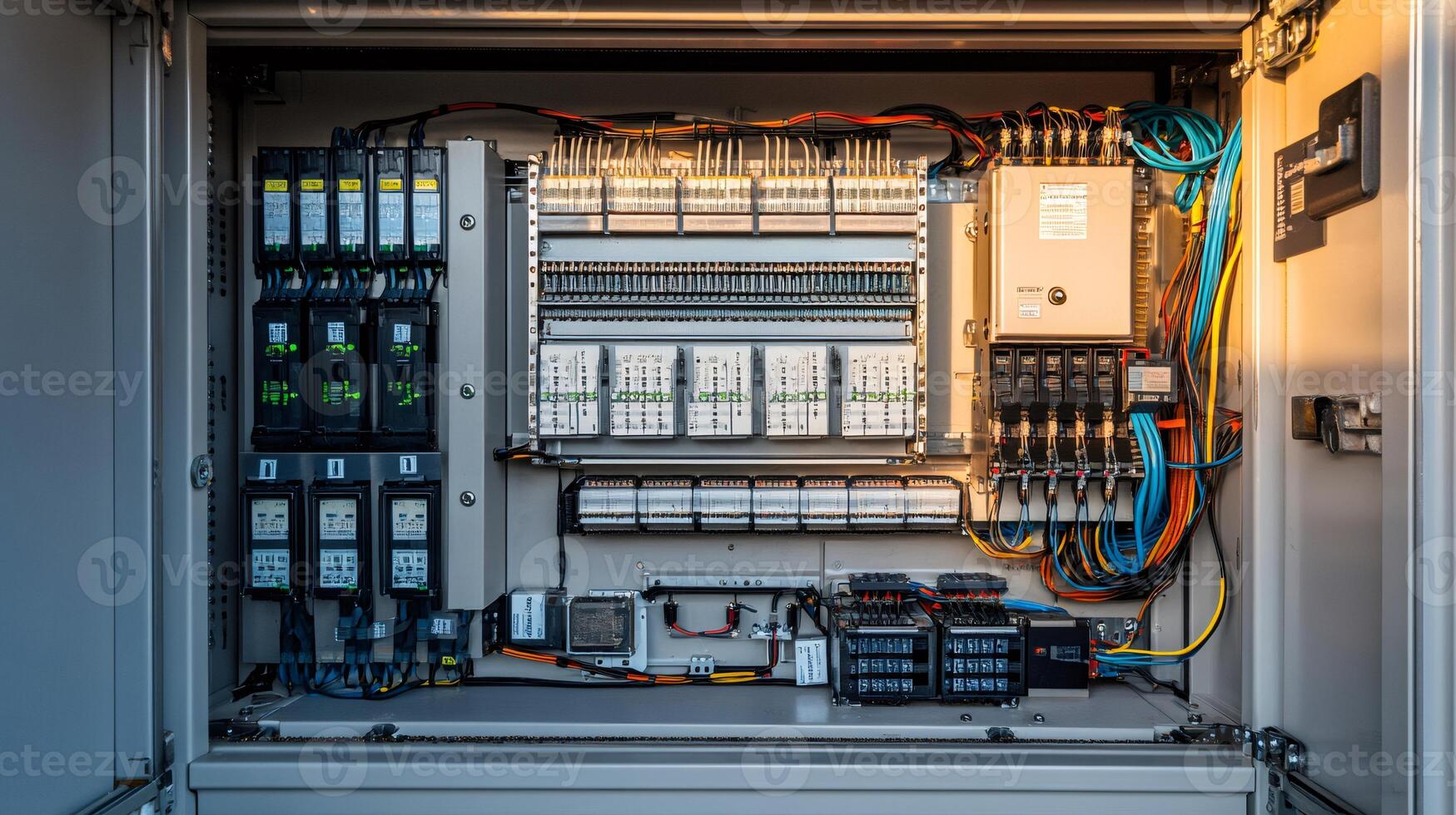 Open electrical cabinet exposing complex wiring and components... photo