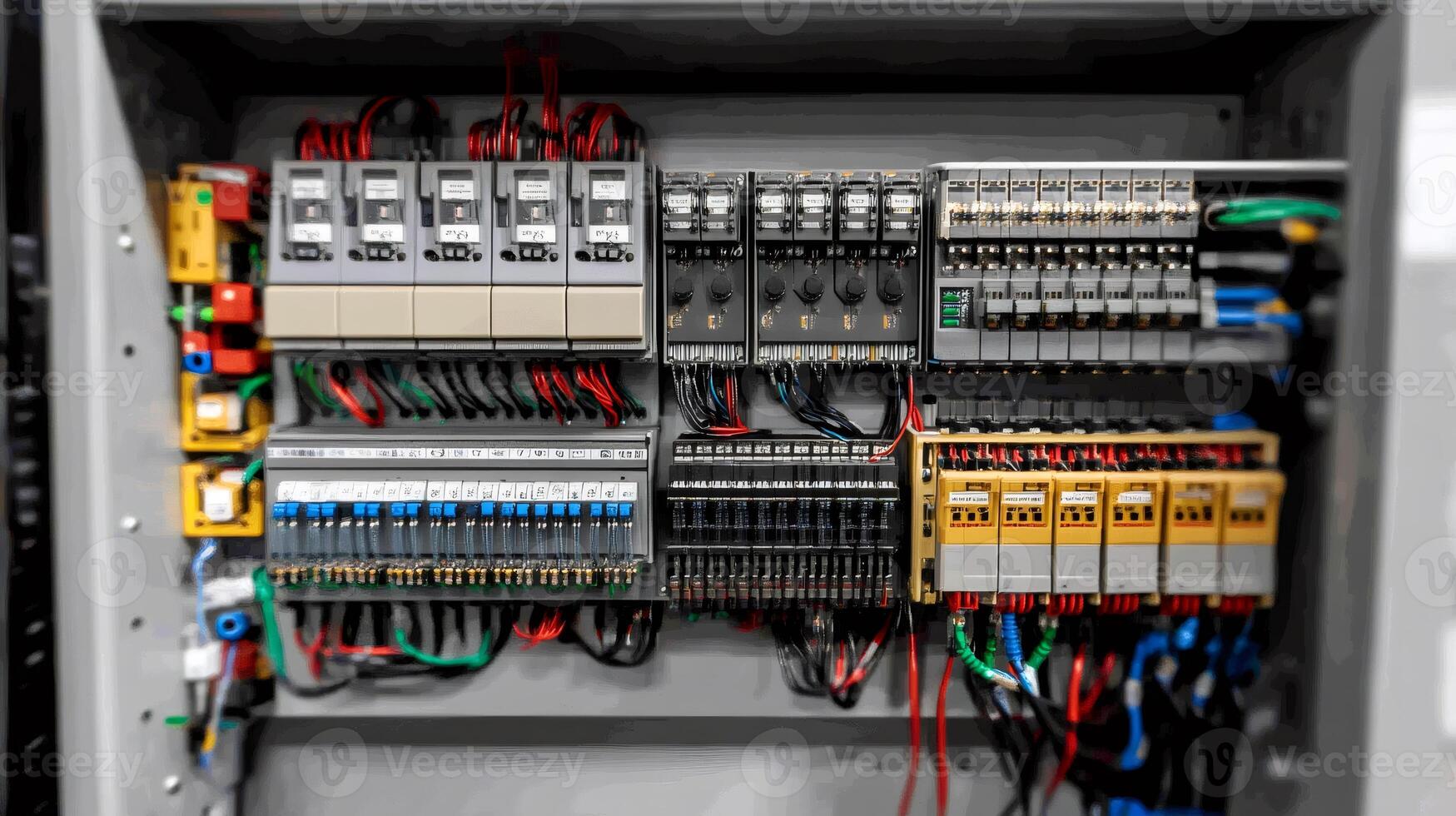Electrical cabinet showing fuses, relays, and wiring connecting to various components photo