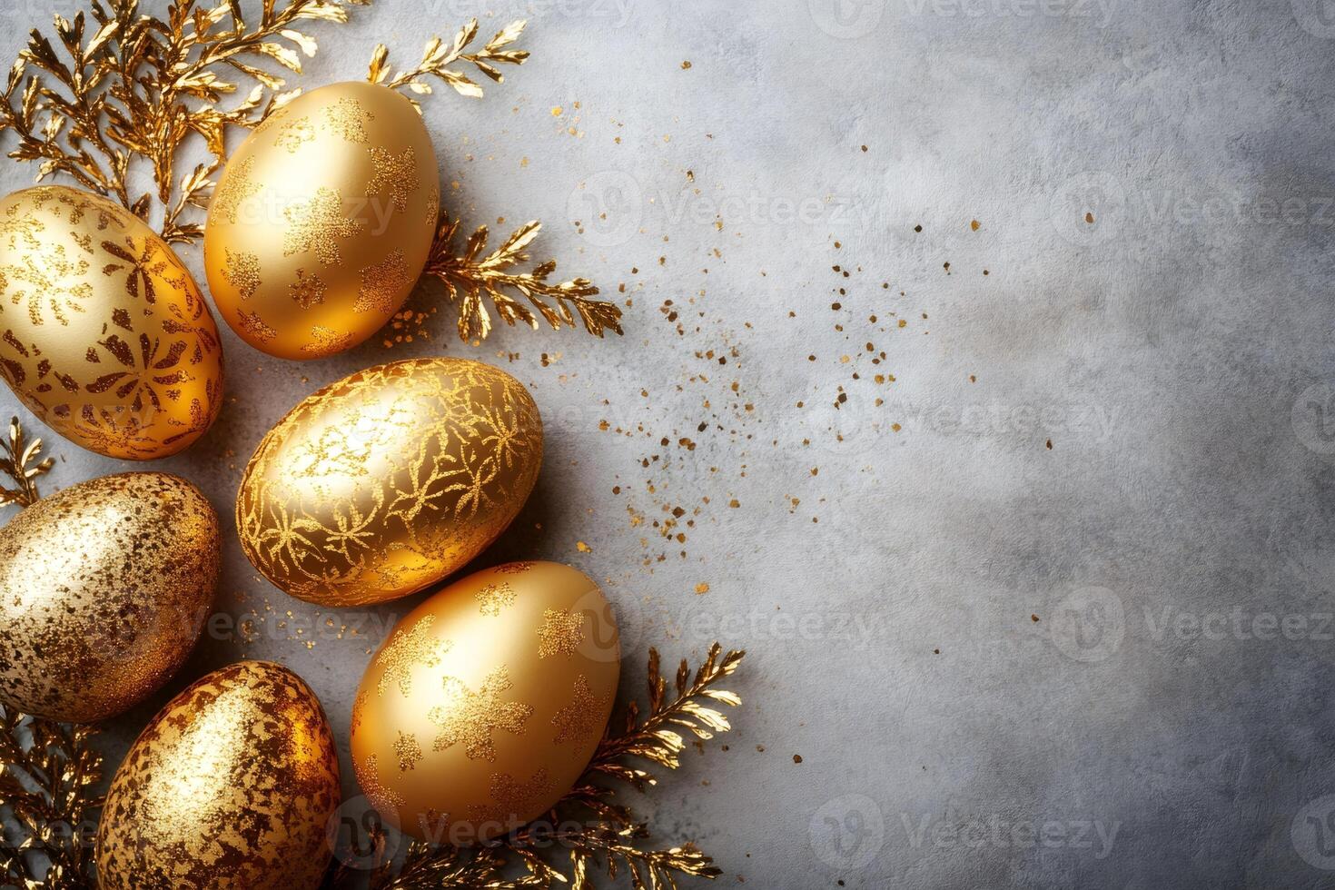 Golden easter eggs decorated with festive ornaments resting on table photo