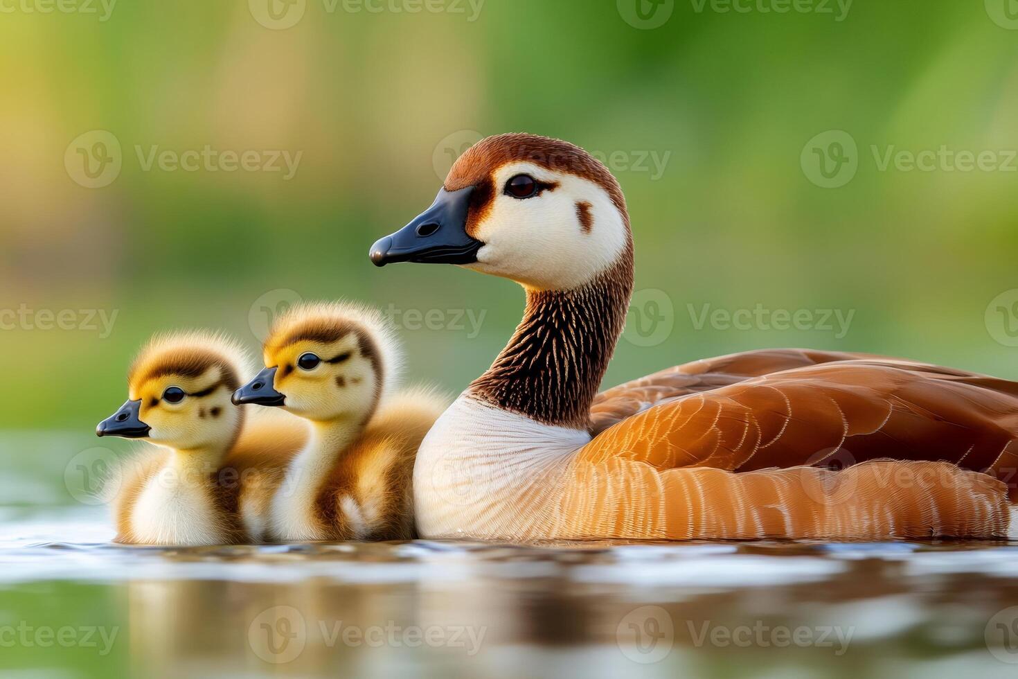 Egyptian goose swimming with gosling chicks in green water photo