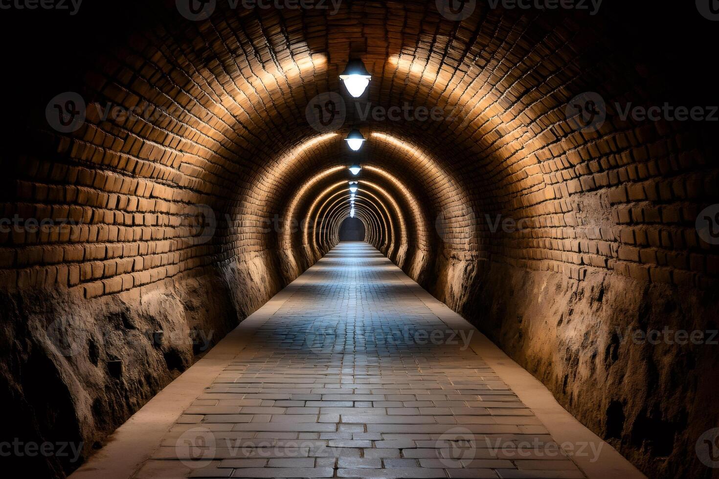 Long brick tunnel with cobblestone path and lights illuminating the way photo