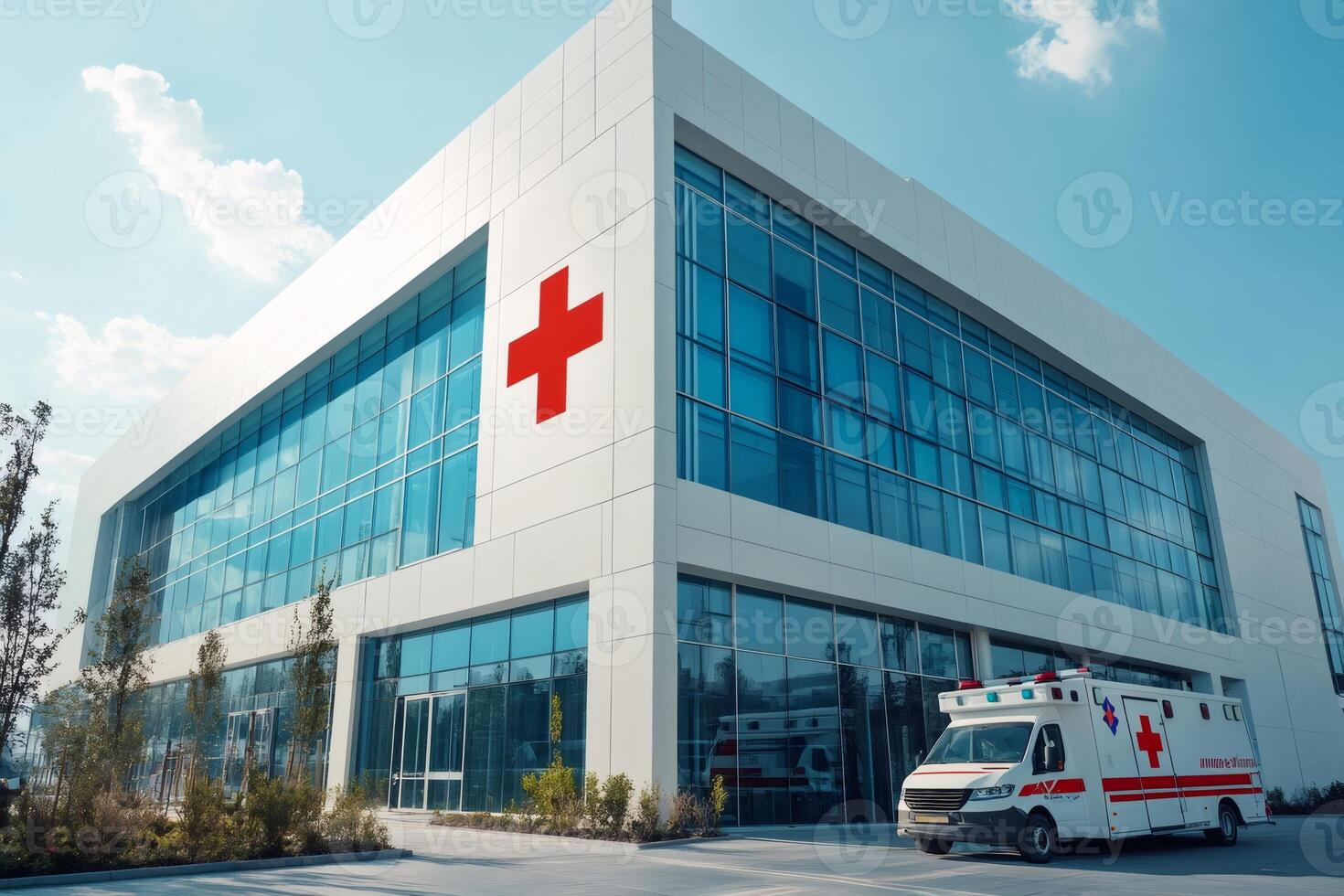 Modern hospital building with ambulance parking outside on a sunny day photo