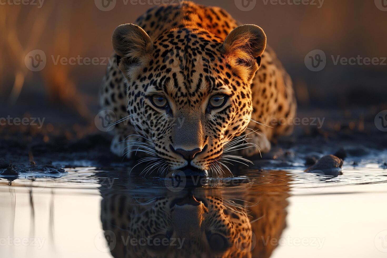 Leopard drinking water at sunset with reflection... photo