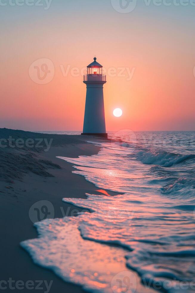 Lighthouse illuminating the coastline at sunset with ocean waves crashing on the shore photo