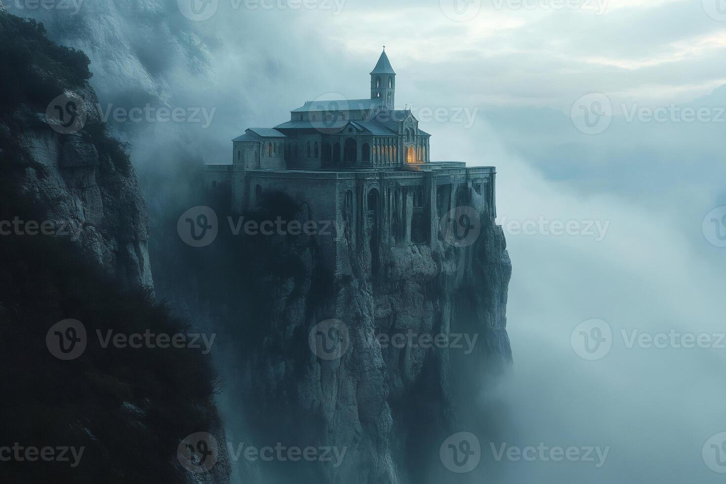 Sanctuary emerging from the mist on a mountain peak photo