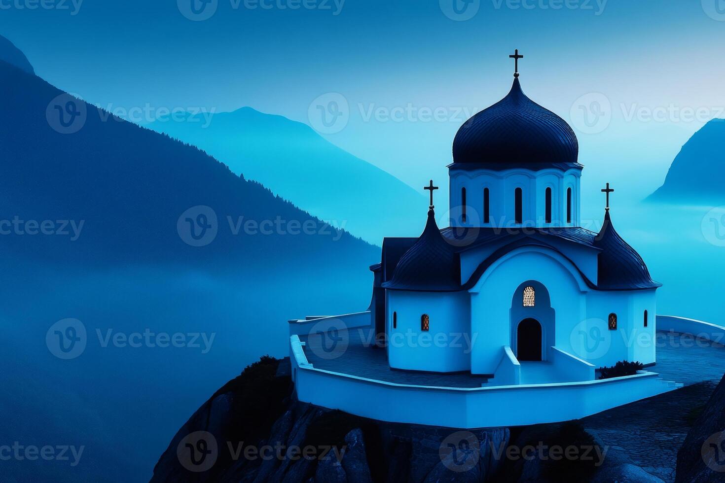 Orthodox church perched on mountain peak at twilight, embracing serenity and spirituality photo