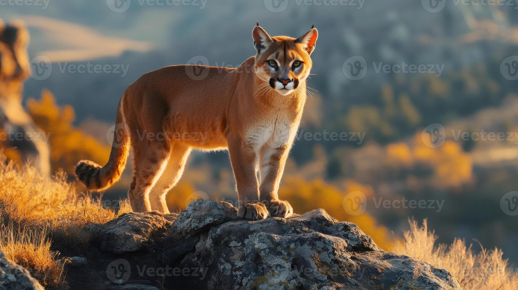 Majestic cougar standing on a rock at sunset in mountain habitat photo