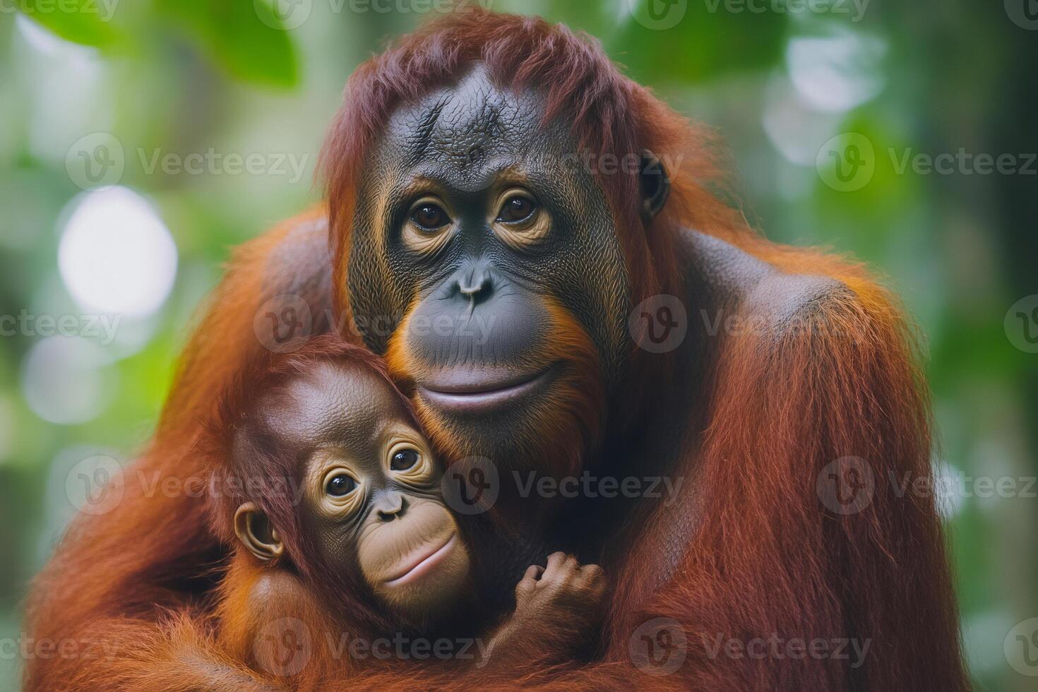 Mother orangutan embracing her baby in the jungle photo