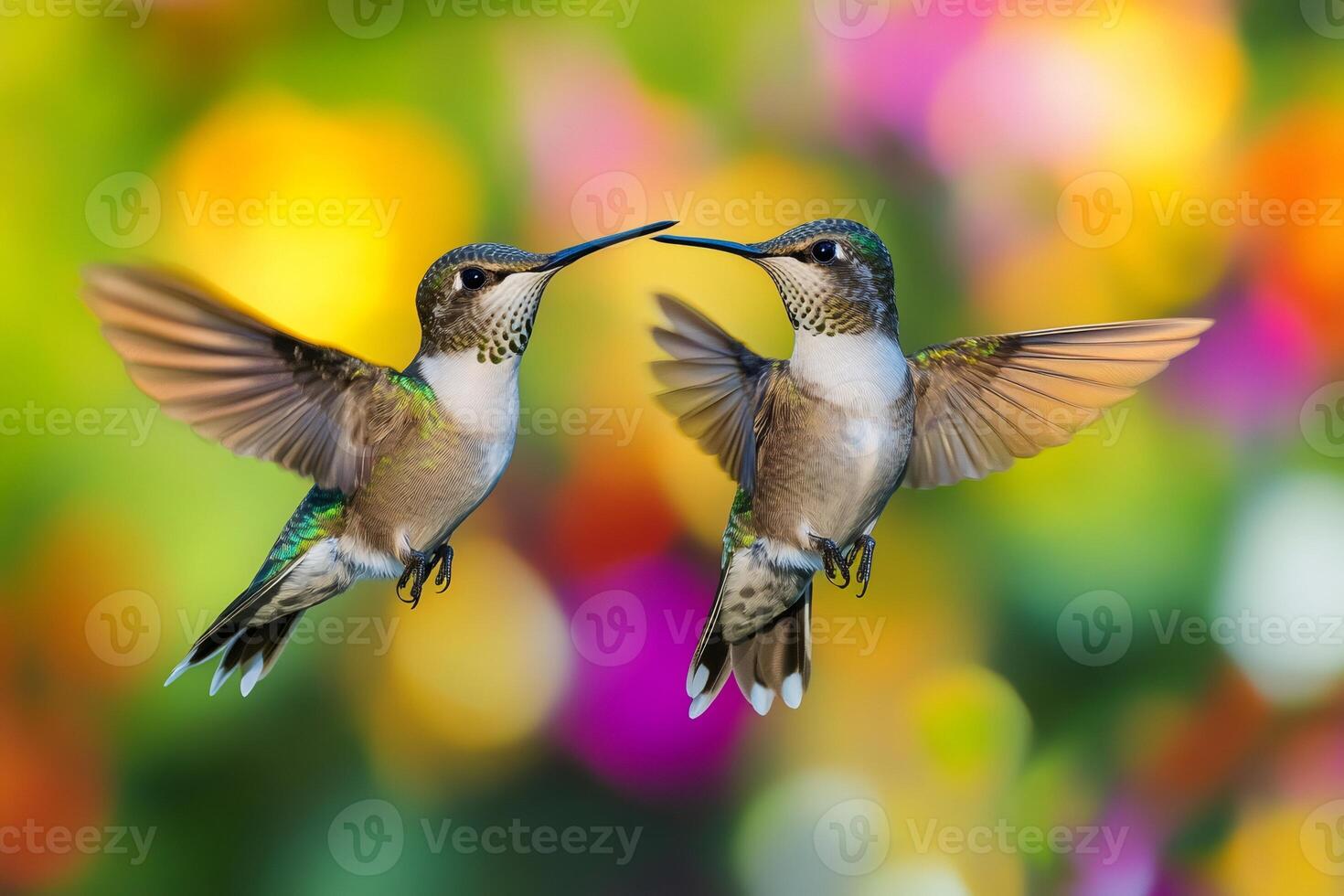 Two ruby throated hummingbirds hovering in garden photo