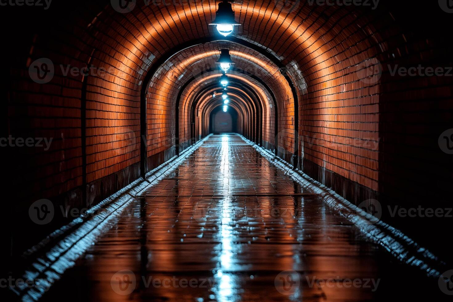 Long brick tunnel with lights reflecting on wet pavement photo