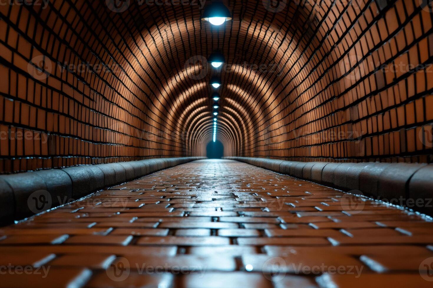 Brick tunnel floor extending into darkness with lights receding into distance photo