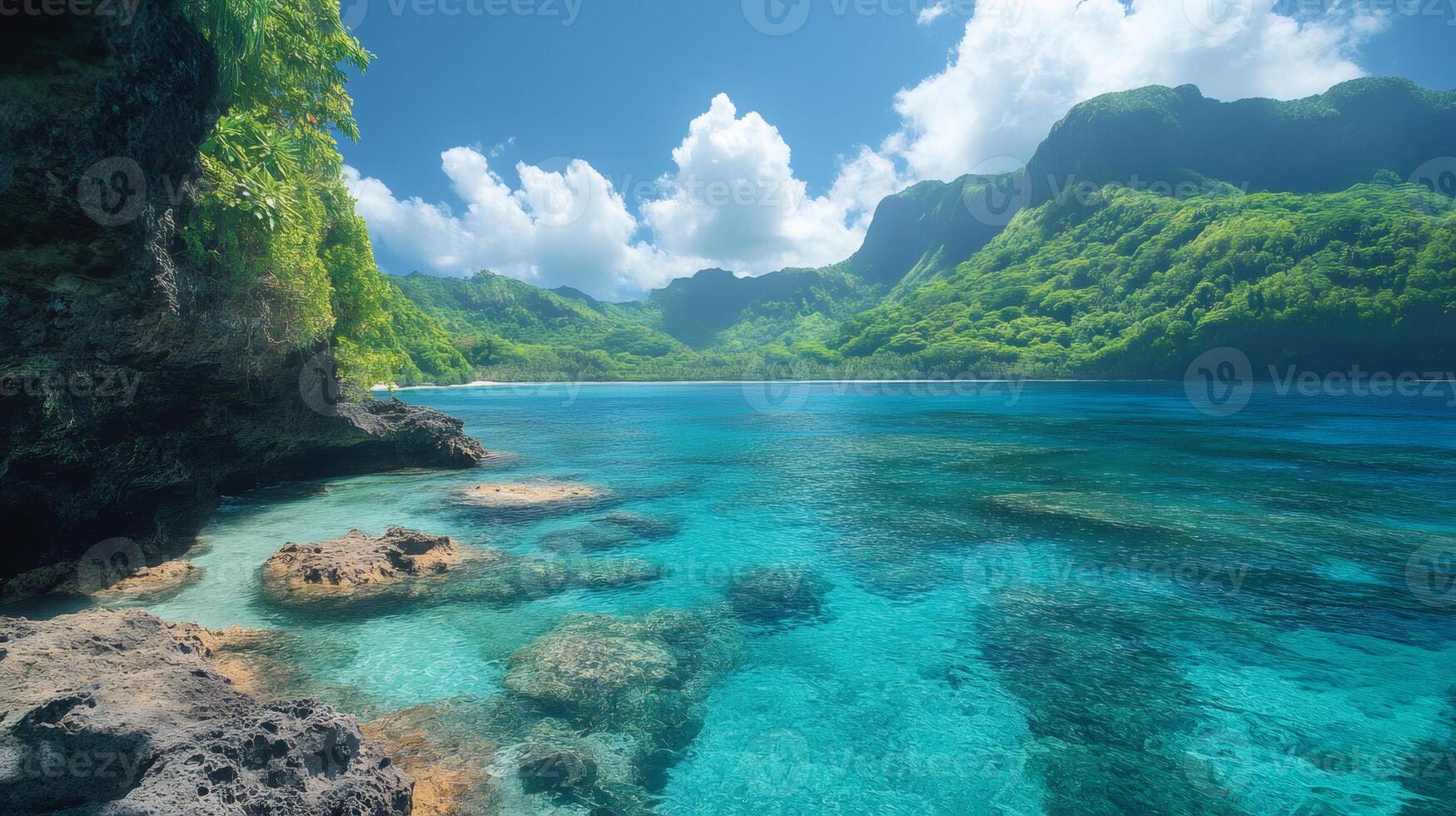 Crystal clear water surrounding tropical island in french polynesia photo