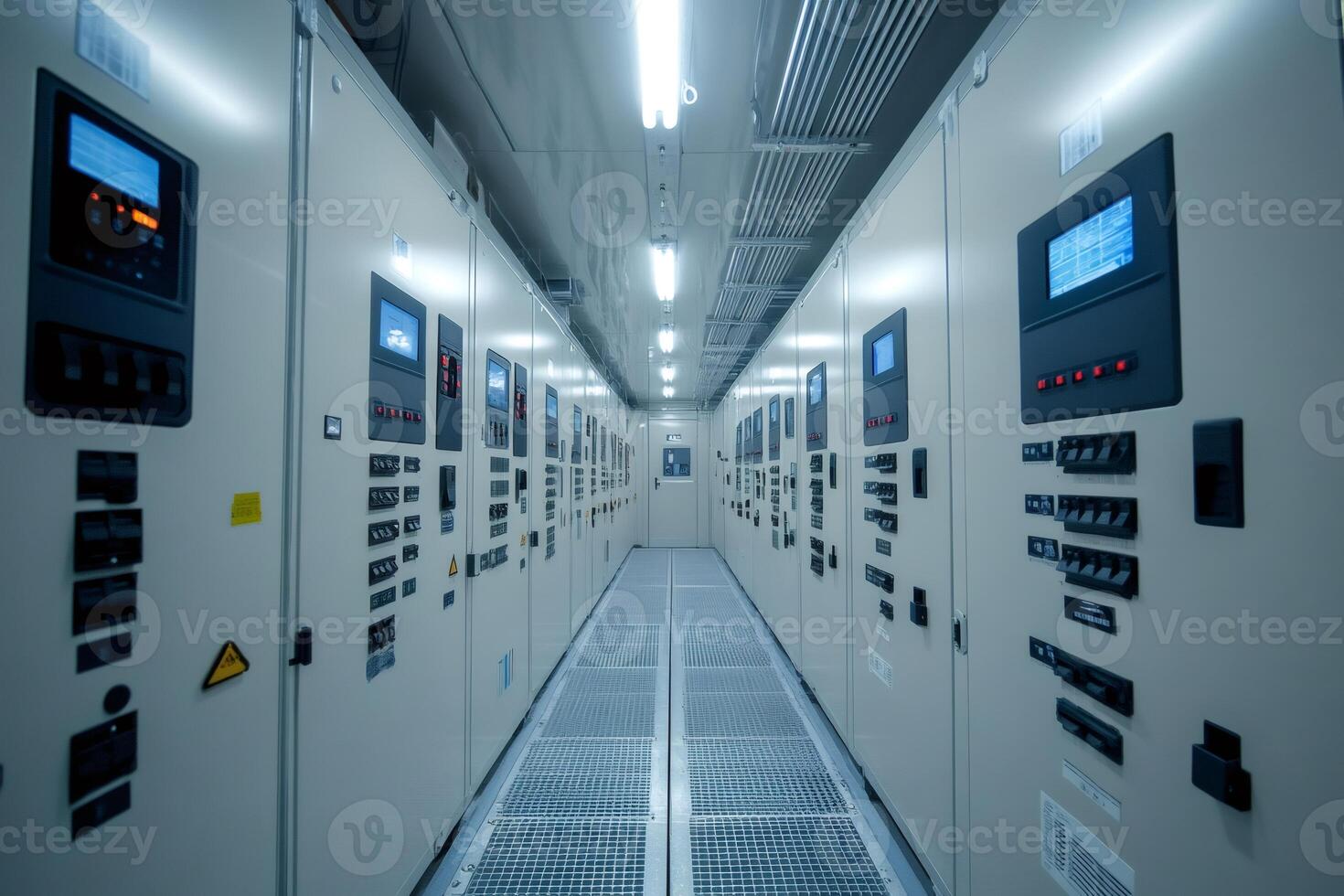 Electrical control room monitoring power distribution with metal floor and bright lights photo