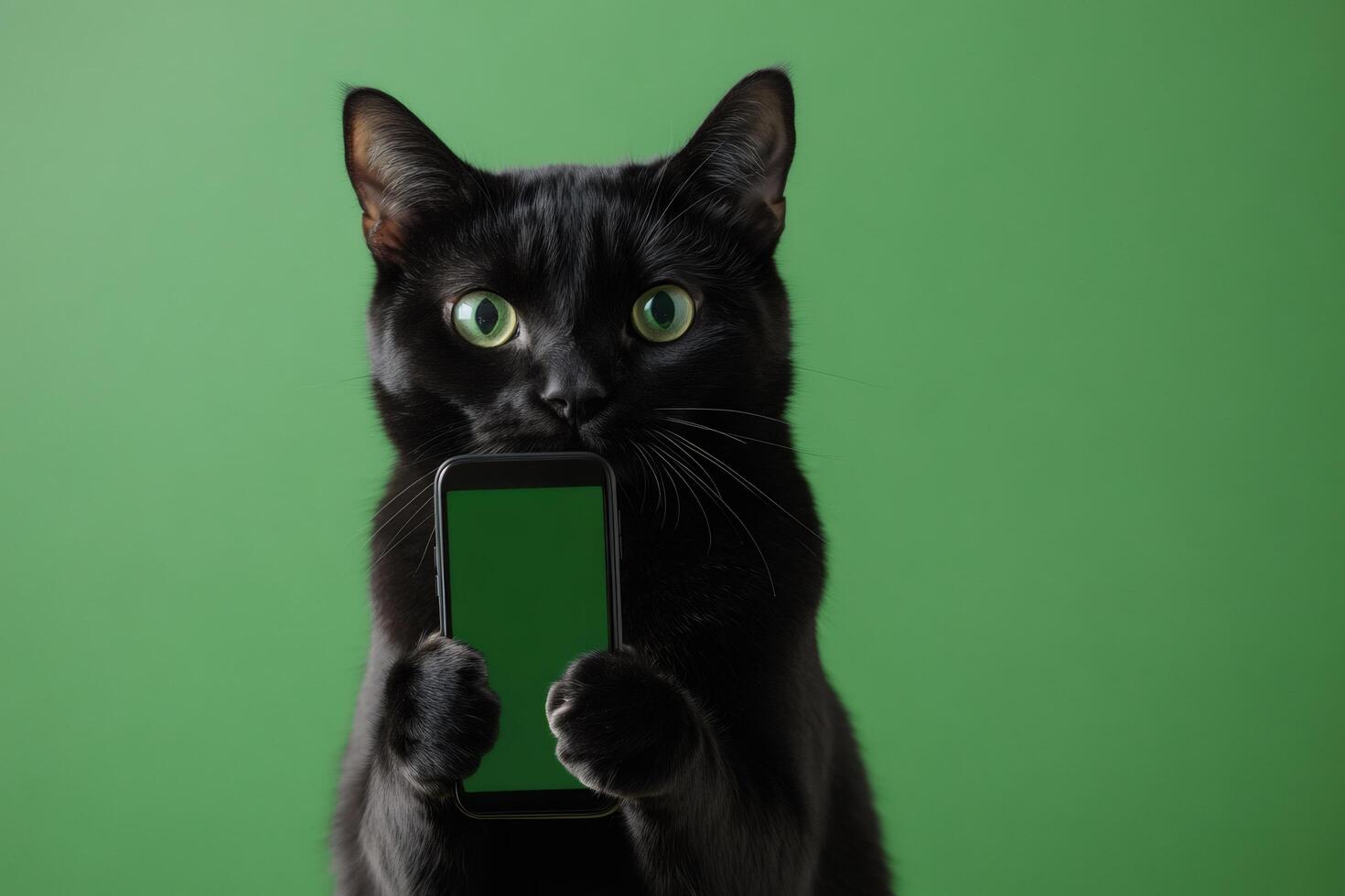 Black cat showing smartphone with green screen on green background .. photo