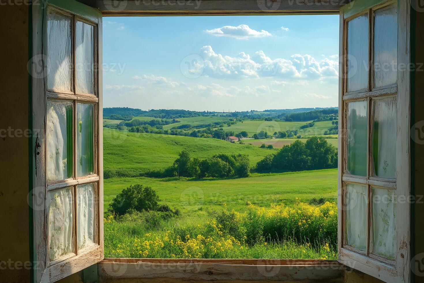 Open window overlooking rolling green hills and lush landscape photo