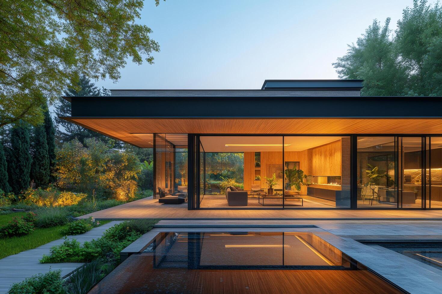 Modern luxury home exterior with illuminated garden and pool at dusk .. photo