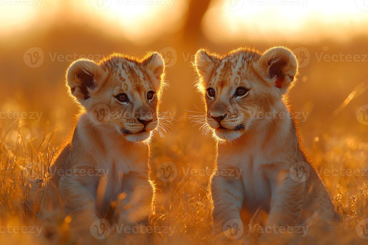Two lion cubs relaxing in warm sunset light photo