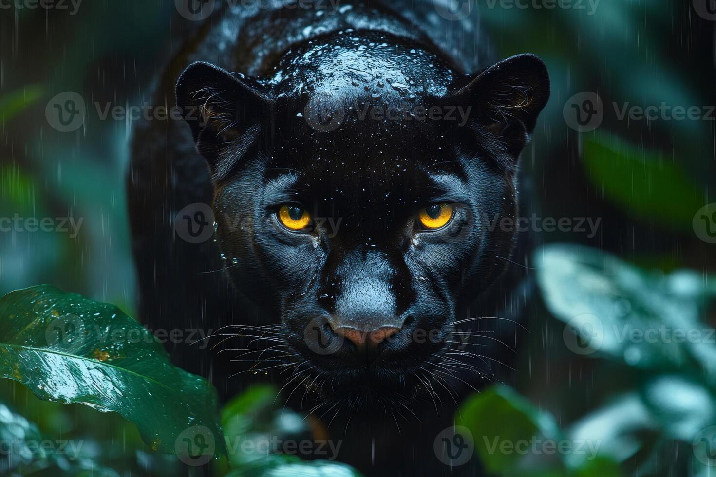 Black panther staring intensely under the rain in the jungle photo