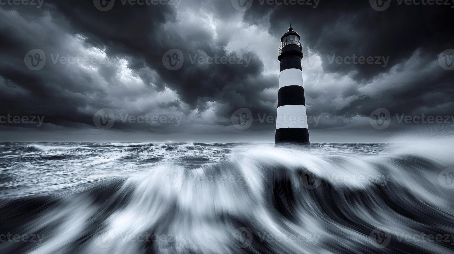 Lighthouse resisting the stormy sea waves under dark cloudy sky photo