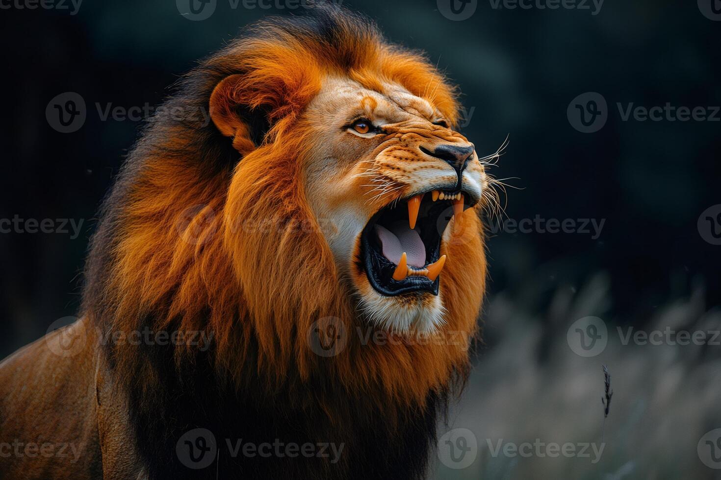 Majestic lion roaring showing its teeth and mane in the wild photo