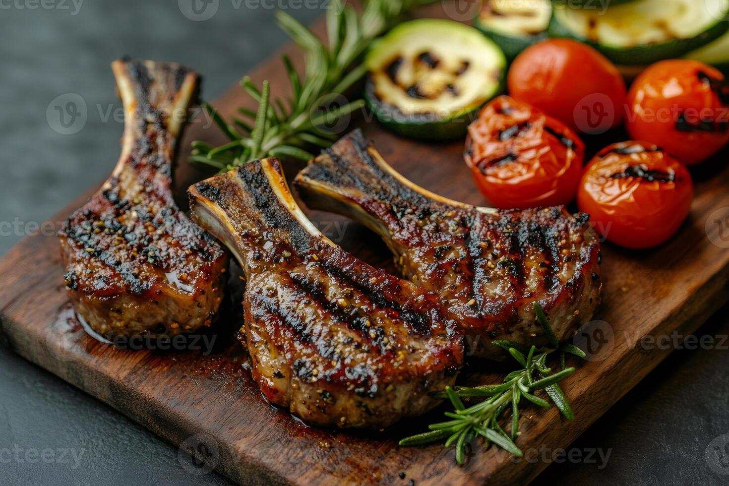 Grilled lamb chops with vegetables and rosemary on cutting board photo