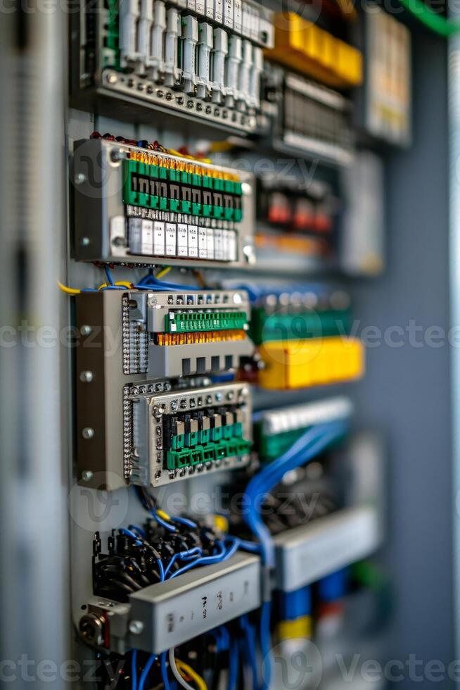Electrical cabinet showing colorful wires and components close up ... photo