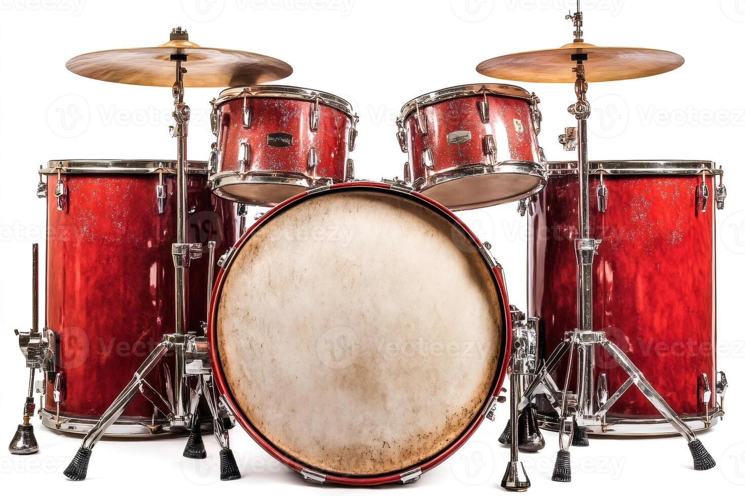 Red drum set isolated on white background ready for playing photo